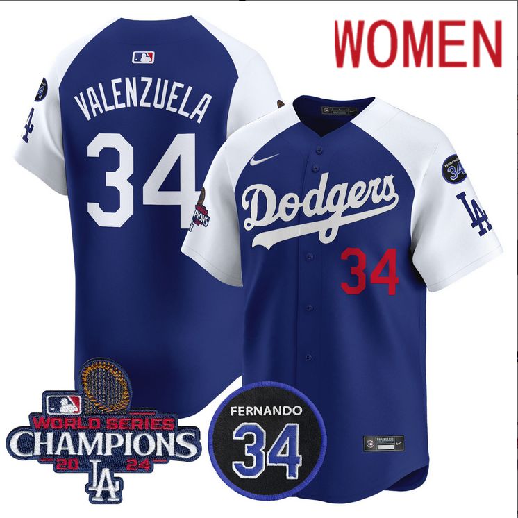 Women MLB Los Angeles Dodgers 34 Valenzuela blue 2024 World Series Champions Patch Limited Jersey style 2
